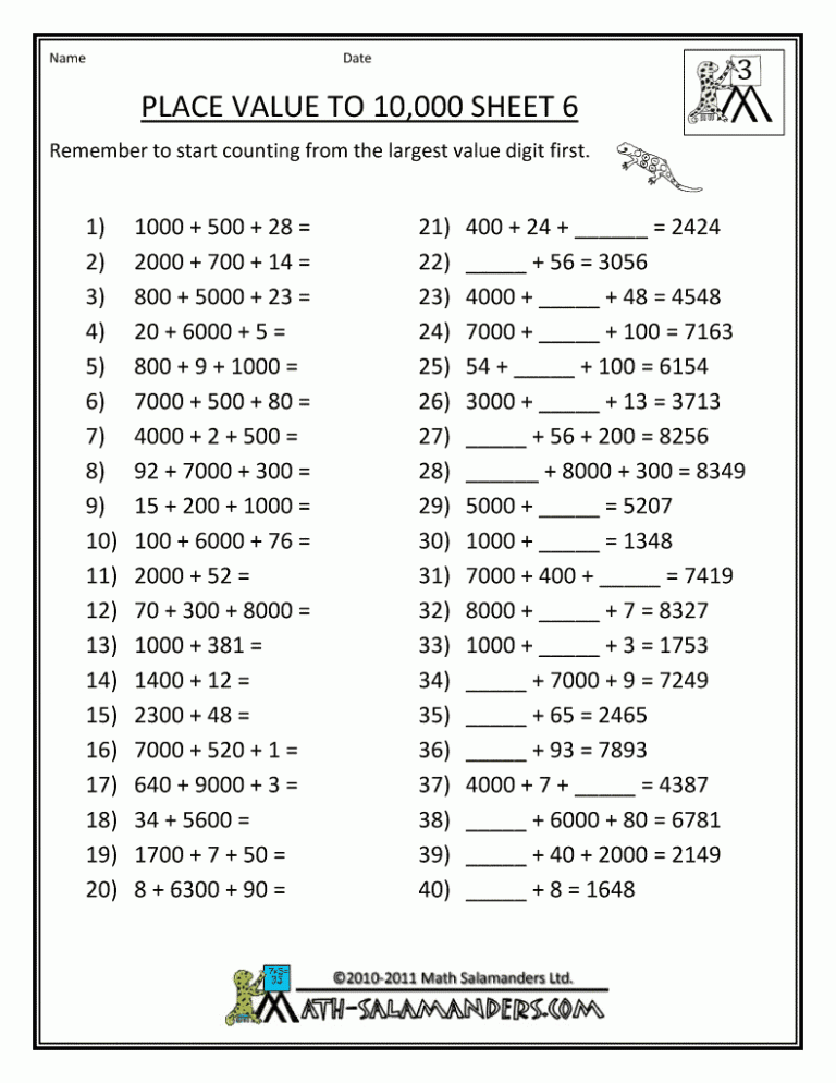 Printable 4th Grade Math Place Value Worksheets