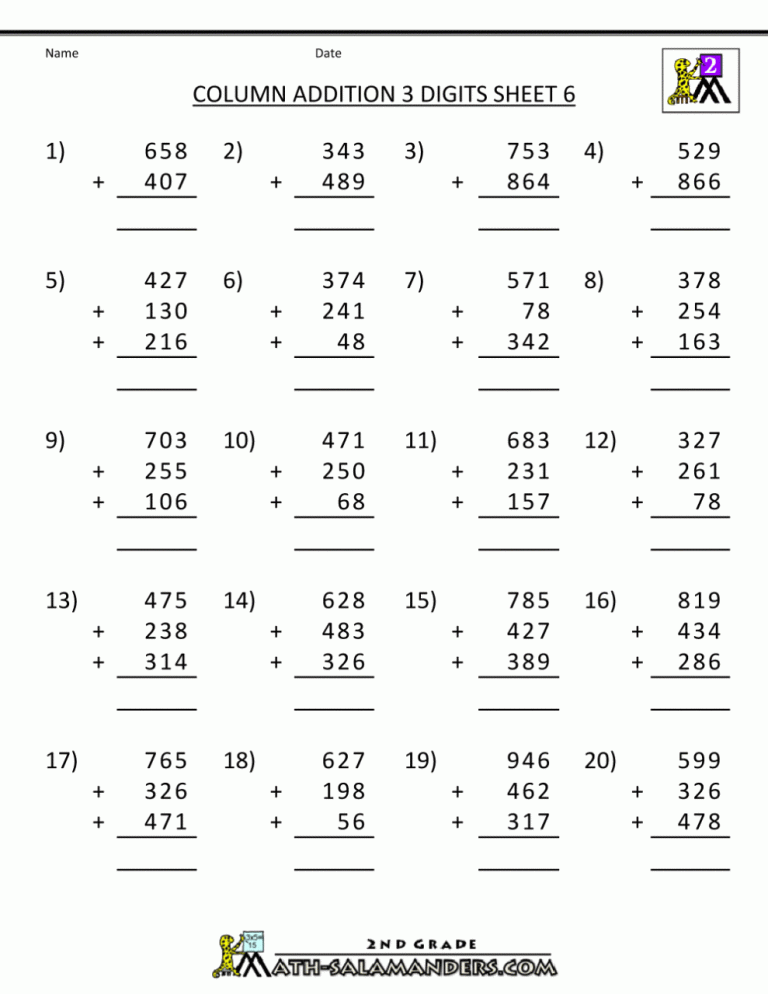 Addition Printable Math Worksheets For Grade 3