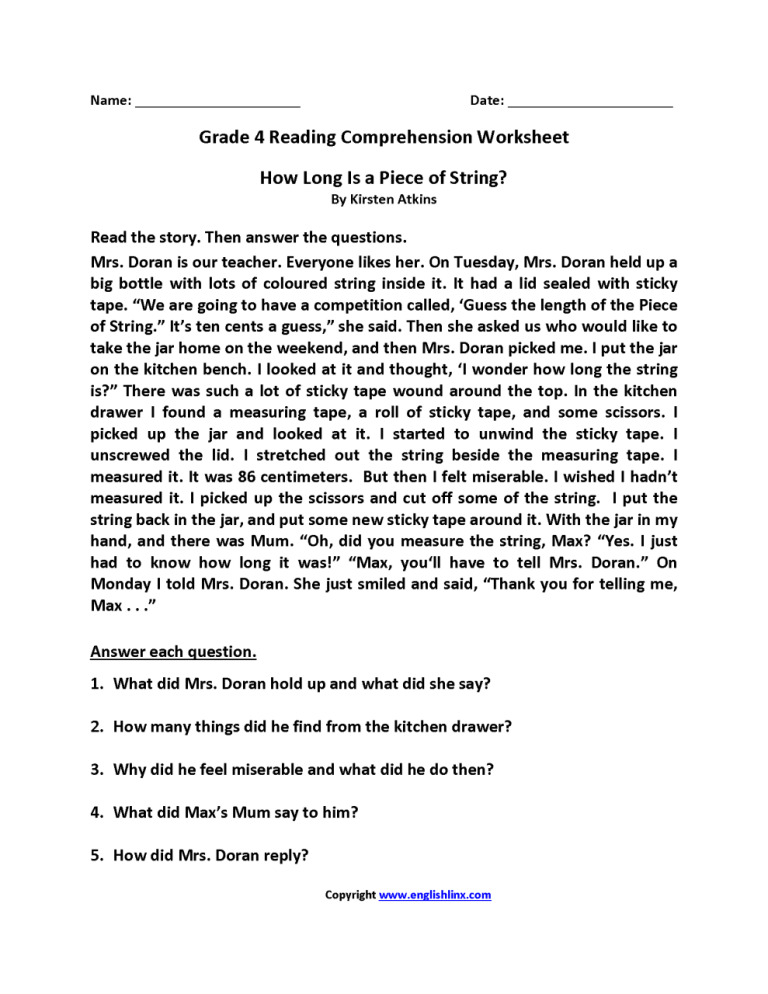 English Comprehension Worksheets For Grade 4 Pdf