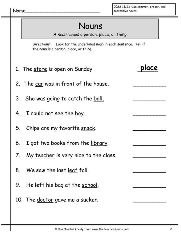 Noun English Grammar Worksheets For Grade 2 Pdf