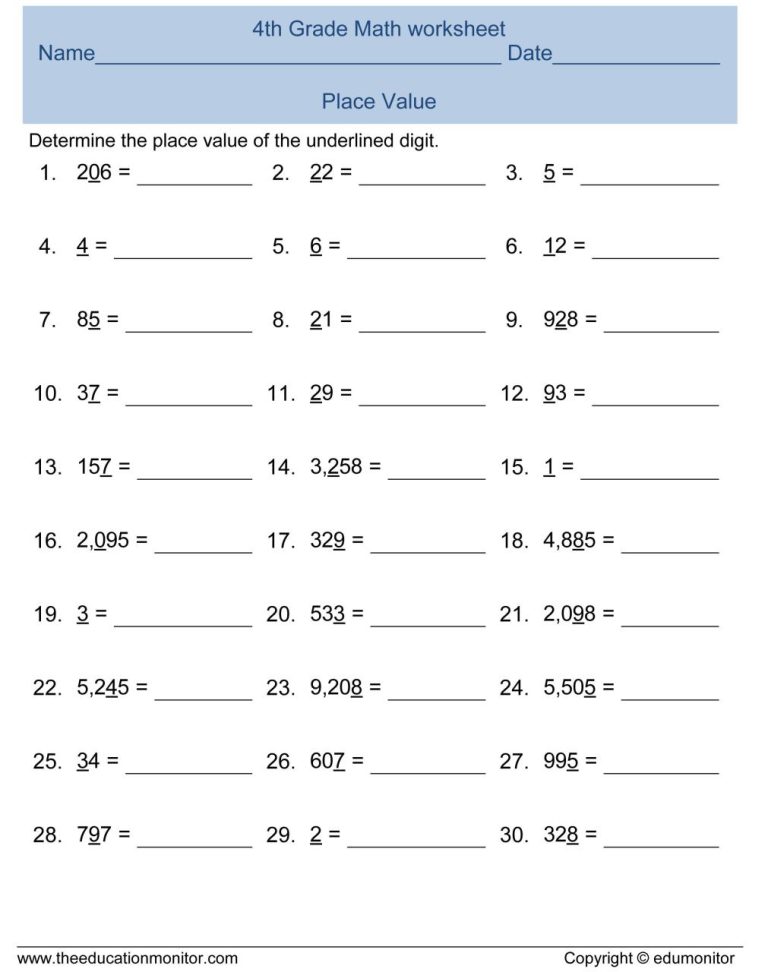 Grade 4 Mathematics Fourth Grade Place Value Worksheets 4th Grade Pdf