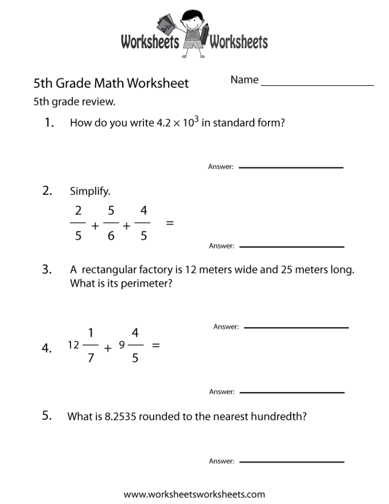 Fifth Grade Free Printable 5th Grade Math Worksheets