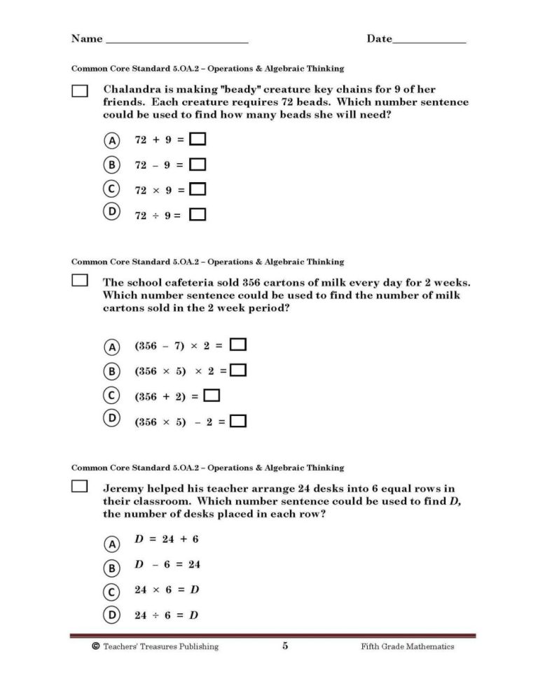 5th Grade Common Core Math Worksheets Pdf
