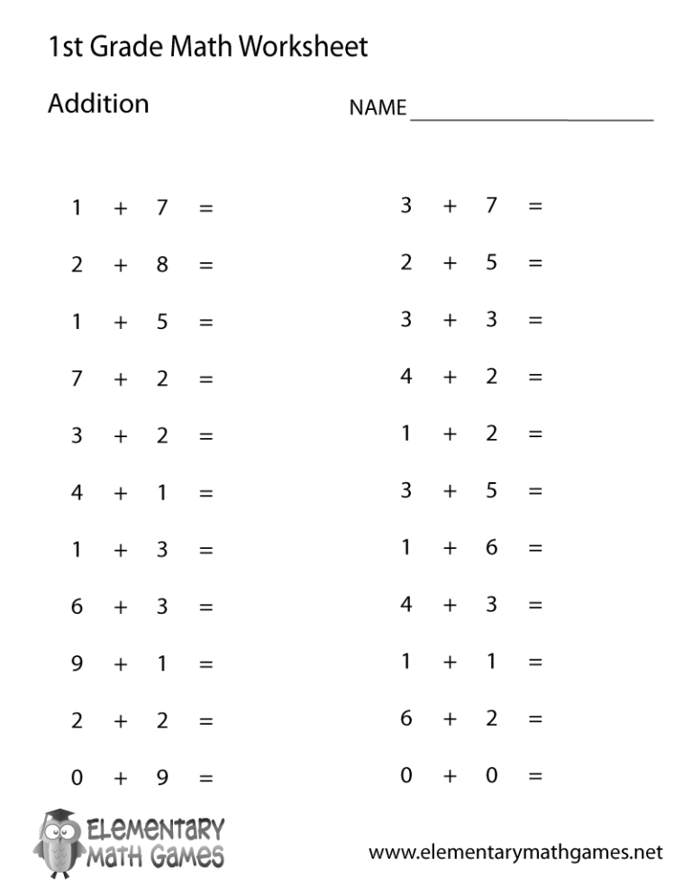 Addition Free Printable First Grade Math Worksheets