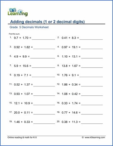 Free Printable Math Worksheets For 5th Grade Decimals