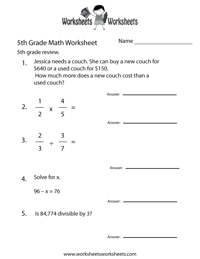 Free Printable Answer Key 5th Grade Math Worksheets