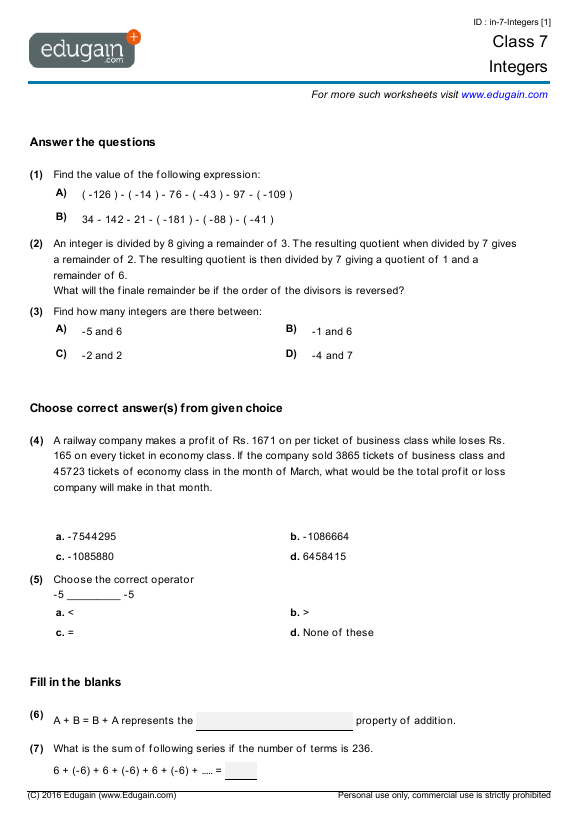 7th Grade Math Integers Worksheets With Answer Key Pdf