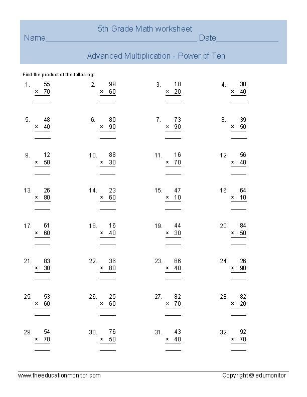 Free Printable Math Worksheets For 5th Grade Multiplication