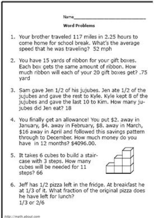 Free Printable 6th Grade Math Word Problems Worksheets With Answers Pdf