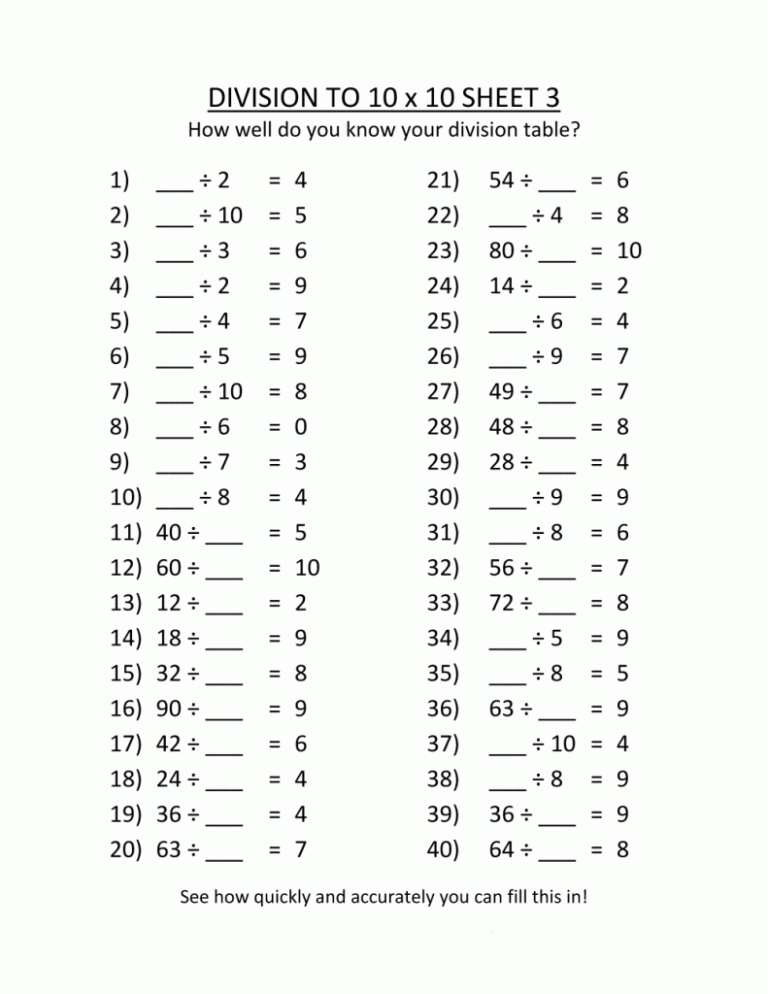 Printable Grade 3 Math Worksheets Division