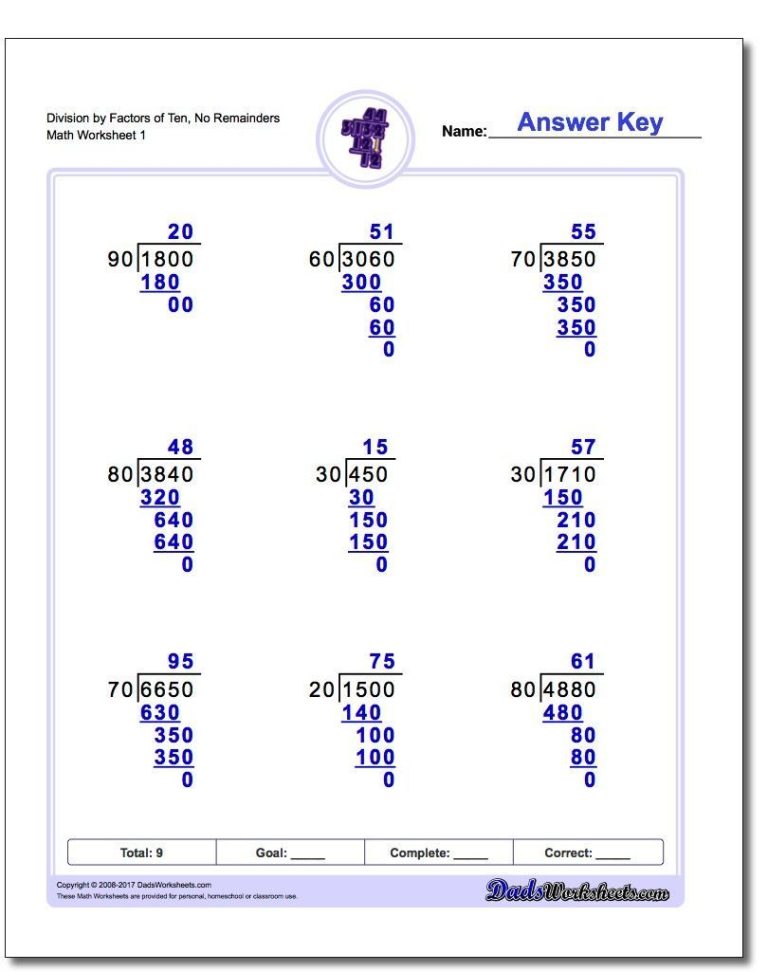4th Grade Long Division Worksheets With Answers