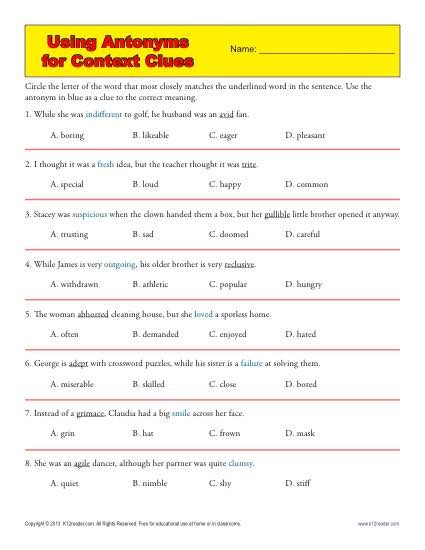 6th Grade Answer Key Context Clues Worksheets With Answers