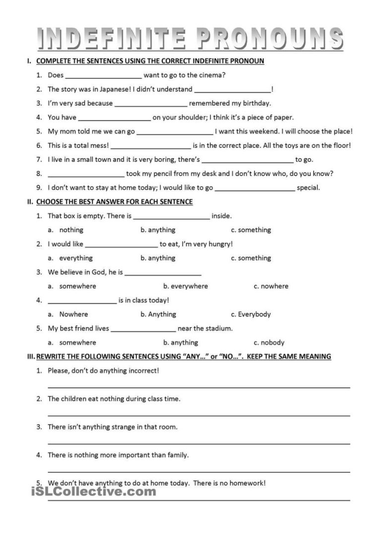 Indefinite Pronouns Worksheet With Answers Pdf