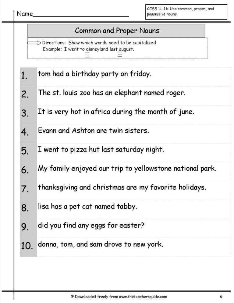 Proper And Common Nouns Worksheet For Grade 2 With Answers