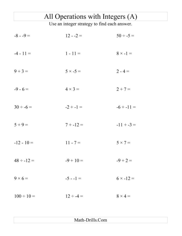 8th Grade Subtraction Of Integers Worksheet