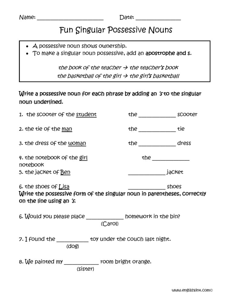 Possessive Nouns Worksheet Pdf Grade 5