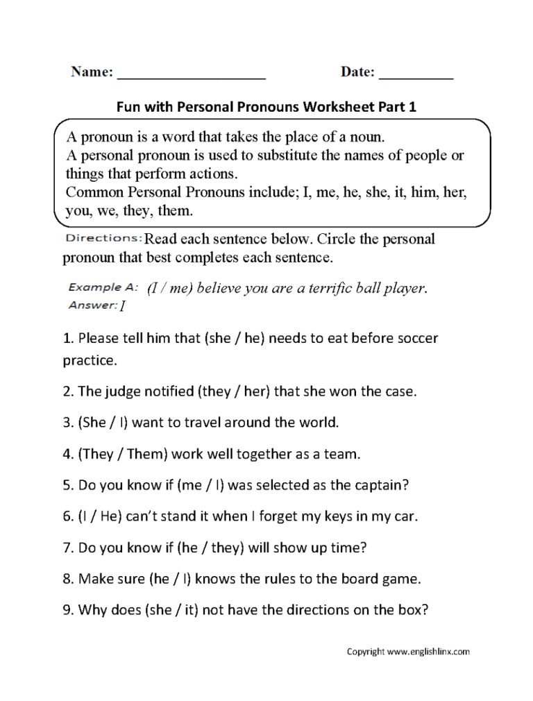 6th Grade Personal Pronouns Worksheet