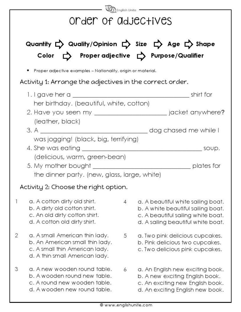 6th Grade Order Of Adjectives Worksheets With Answers