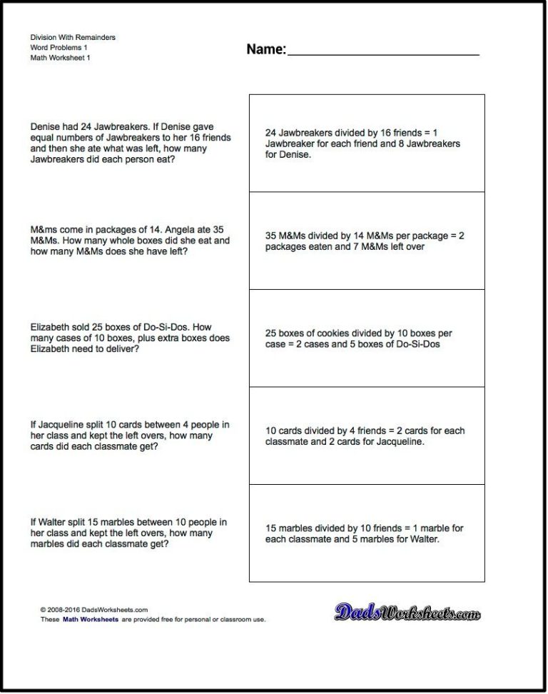 Division With Remainders Worksheet With Answers