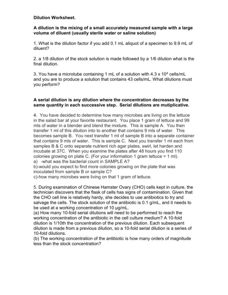 Dilutions Worksheet Answer Key