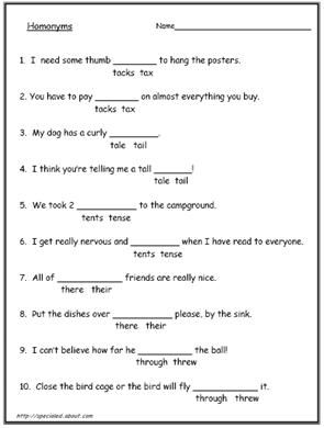 Homonyms Worksheets 7th Grade