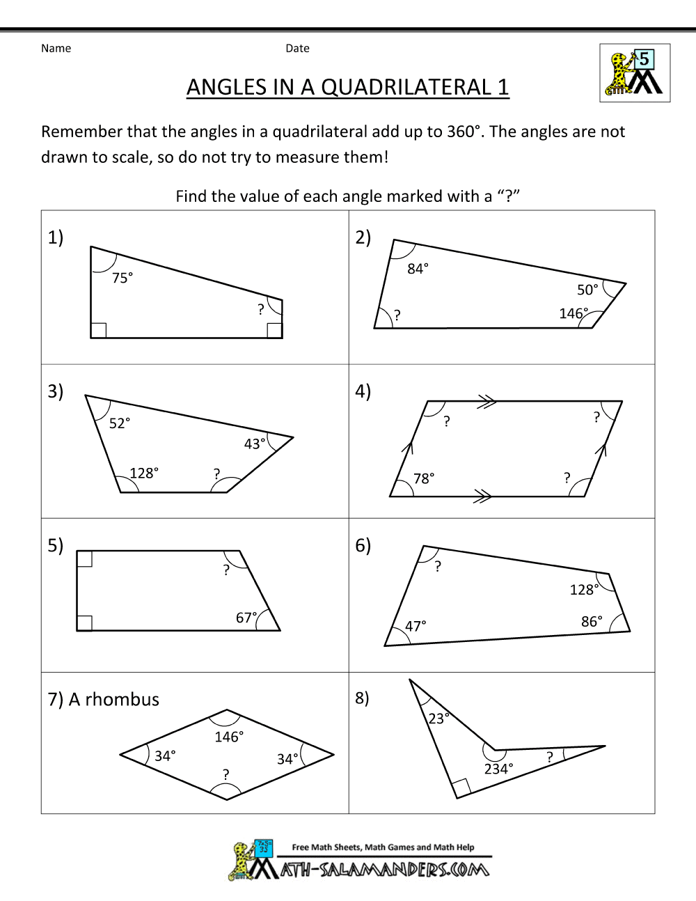 Angles In Quadrilaterals Worksheet