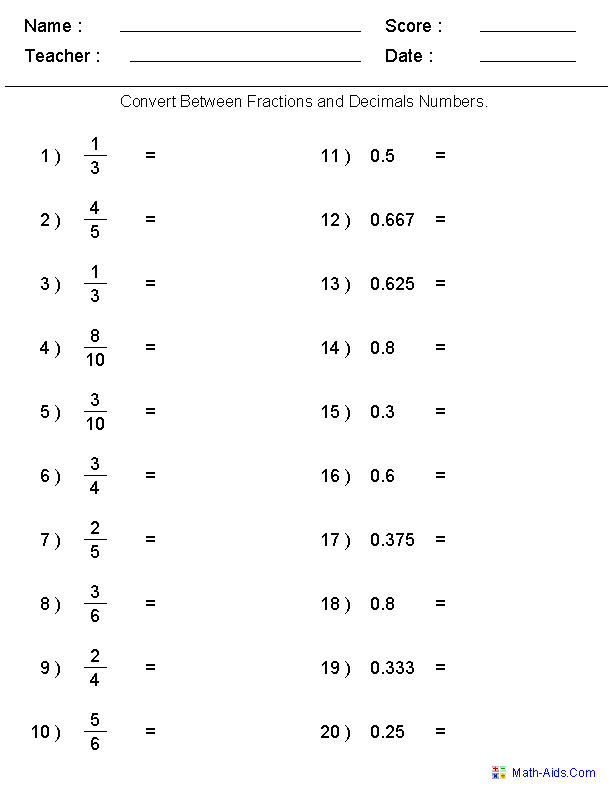 Converting Fractions To Decimals Worksheet With Answers