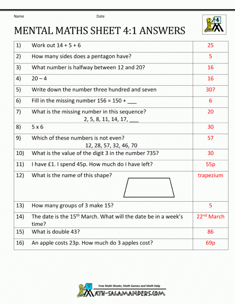 Mental Maths For Class 4 Addition