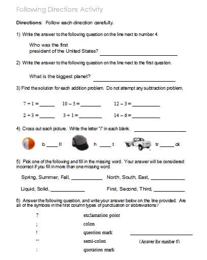 Directions Worksheet For Grade 2