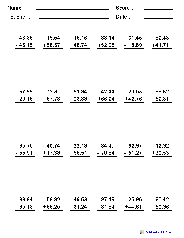 Subtracting Decimals Worksheet Year 6