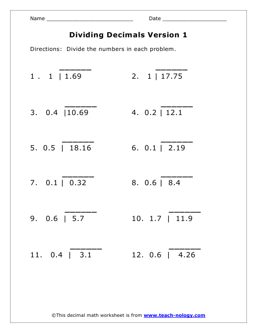 Multiplying And Dividing Decimals Worksheets Grade 6