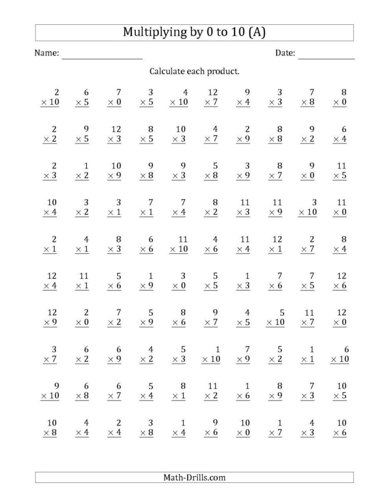 Free Multiplication Worksheets 0 And 1