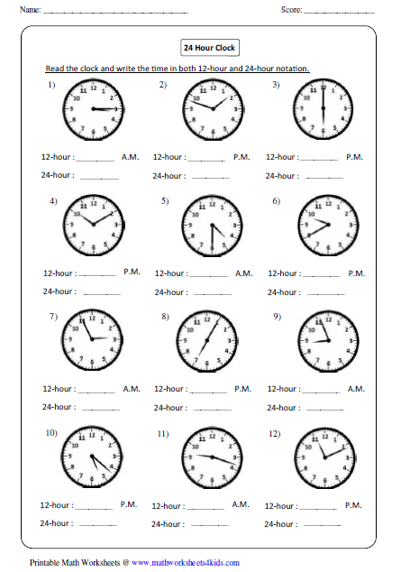 24 Hour Clock Worksheets