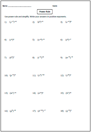 Algebra Simplifying Exponents Worksheet