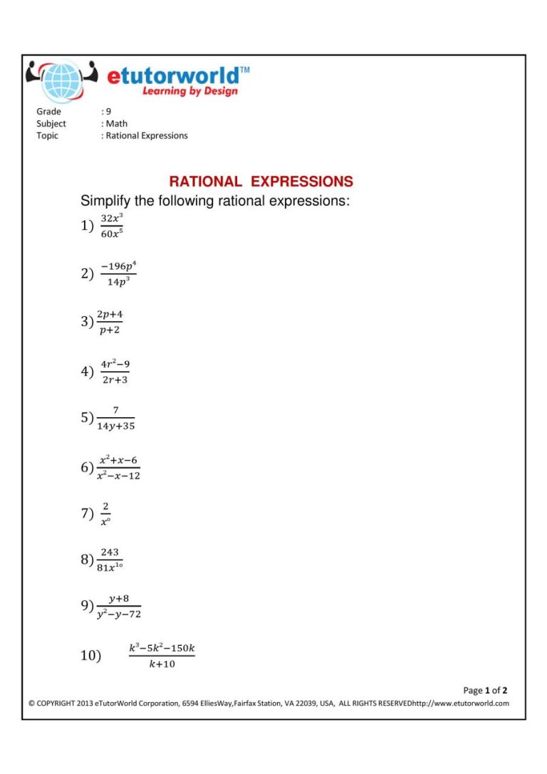 Equation Simplifying Rational Expressions Worksheet