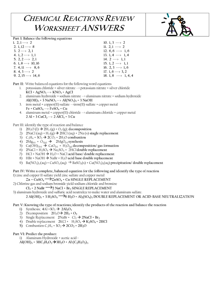 Single Replacement Reaction Worksheet Answers Key