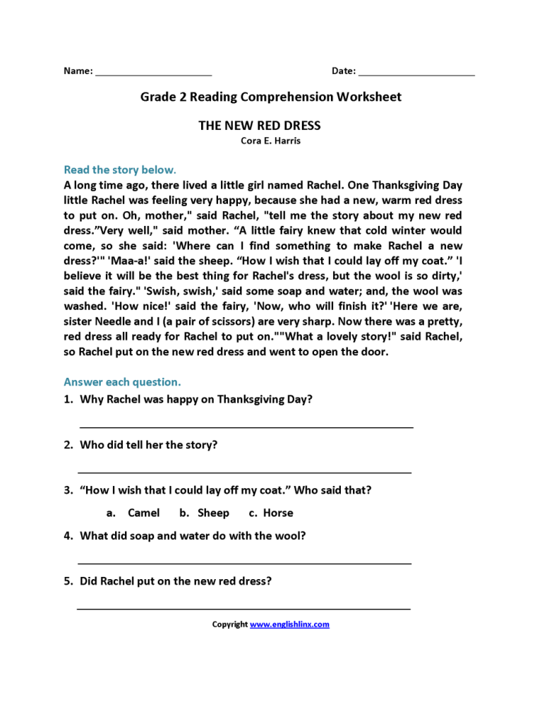 Comprehension Worksheets For Grade 2