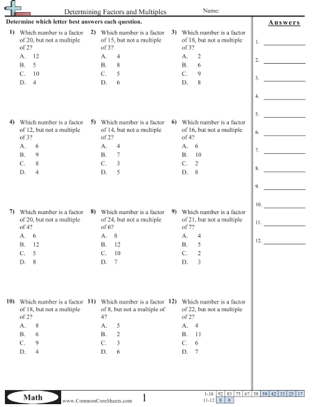 Factors And Multiples Worksheet 4th Grade