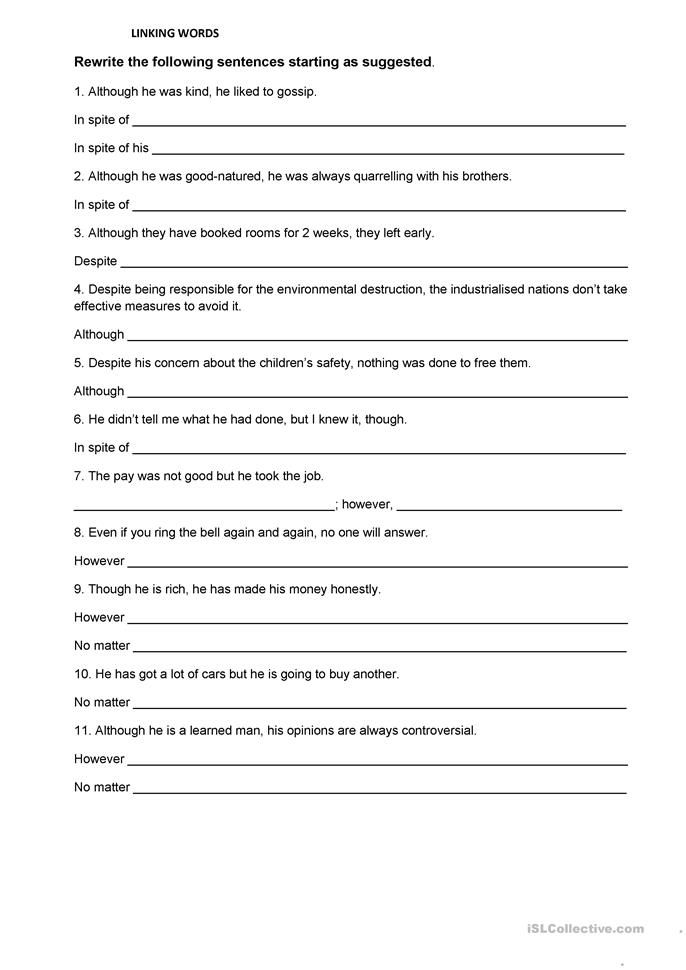 Linking Words Worksheet With Answers