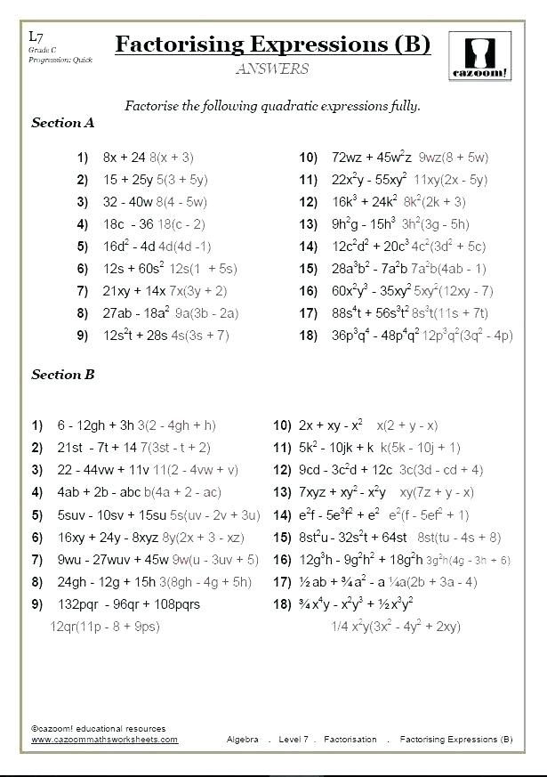 Grade 8 Math Worksheets Algebra