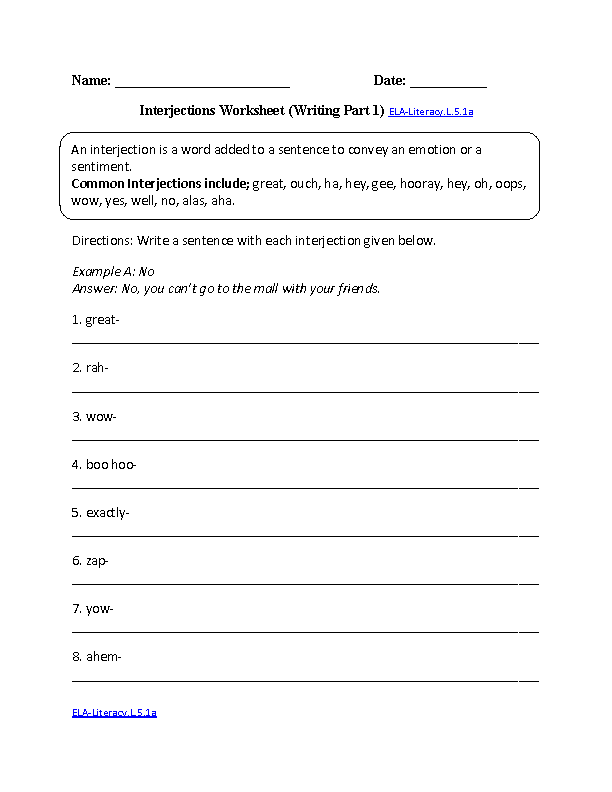 7th Grade Interjections Worksheet