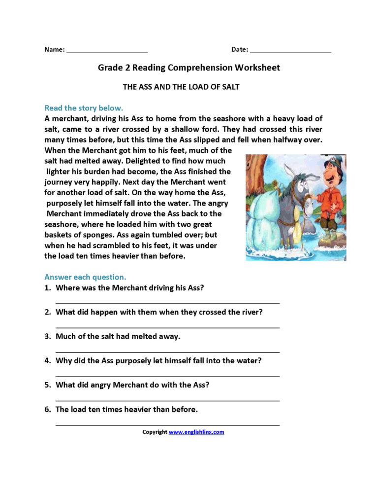 English Comprehension Worksheets For Grade 2