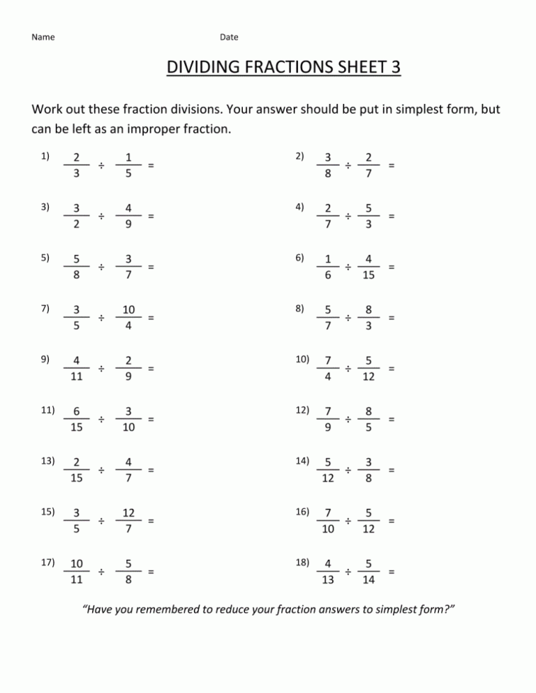 Dividing Fractions Worksheet 8th Grade