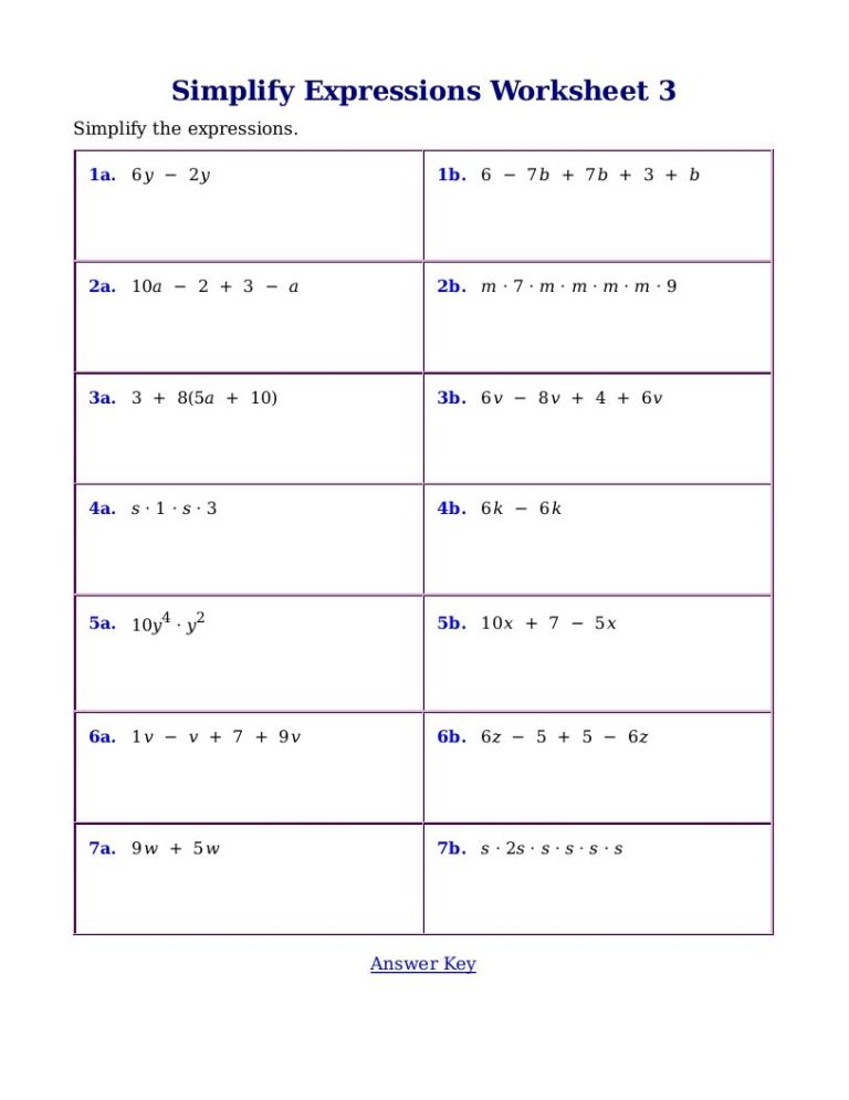 Algebraic Expressions Worksheets With Answers