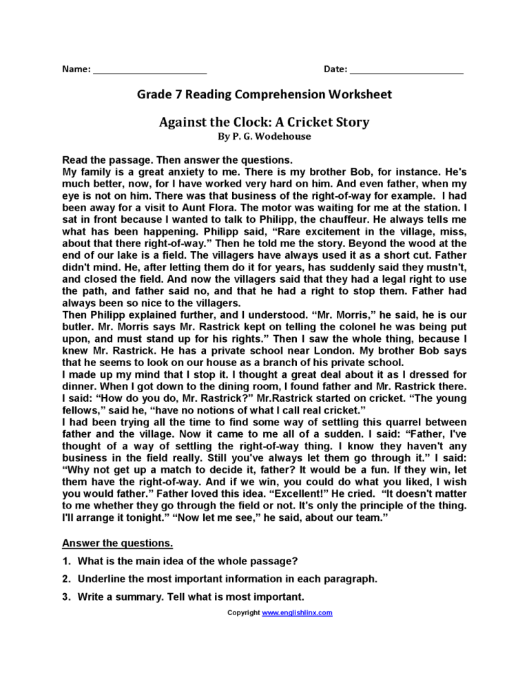 Grade 7 Reading Comprehension Worksheets Pdf