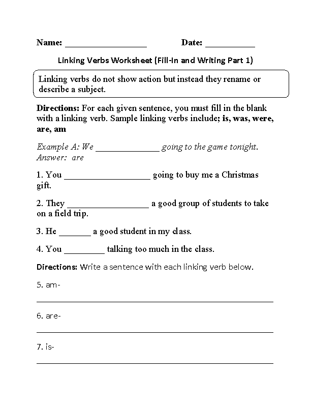 Linking Verbs Worksheet Grade 3