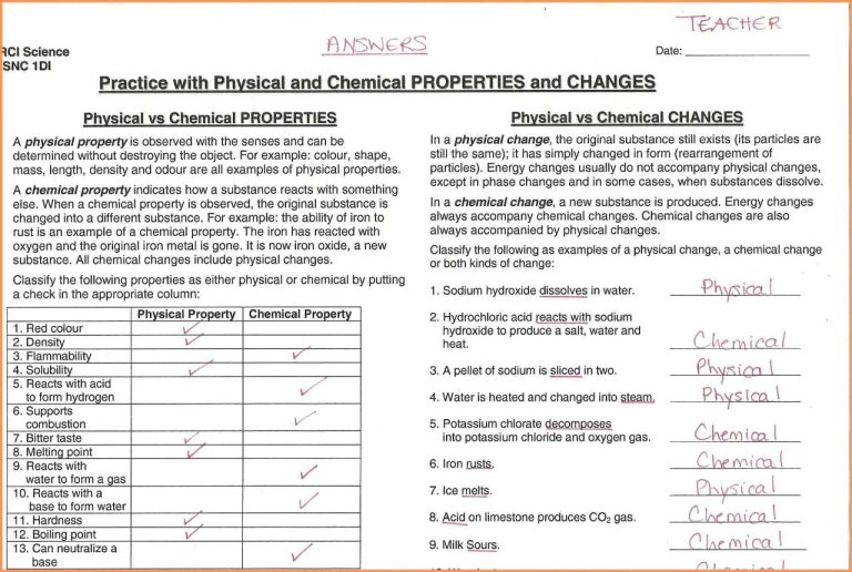 Matter Worksheet Answers