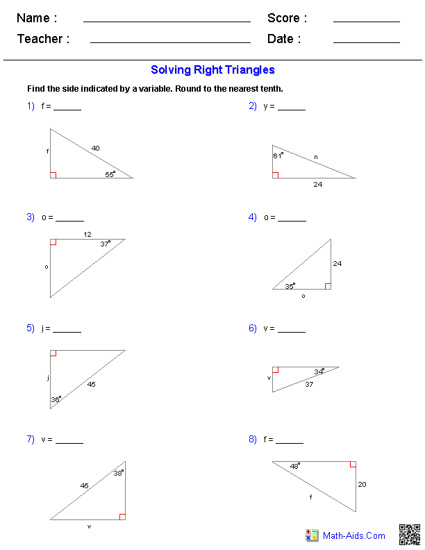 Right Triangle Trigonometry Worksheet