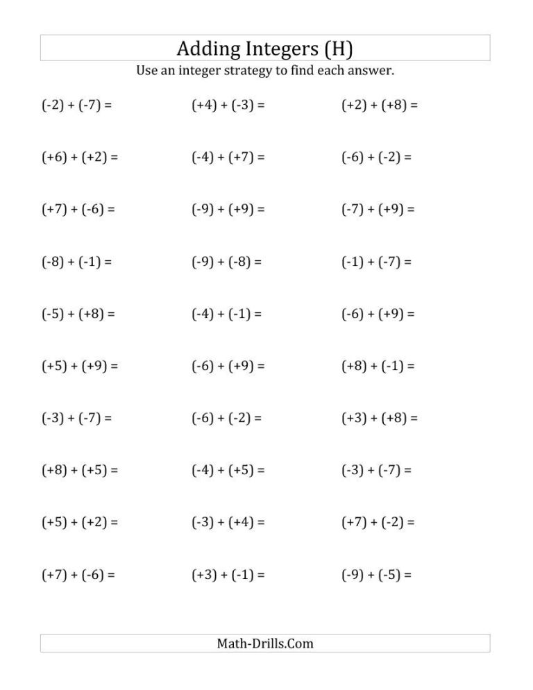 Integers Worksheet Pdf