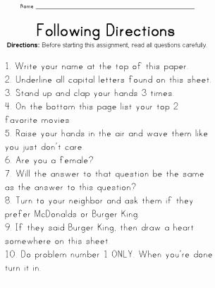 Following Directions Worksheets For Highschool Students